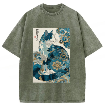Tokyoviva Retro Zen Cat Living The Present Washed T-shirt