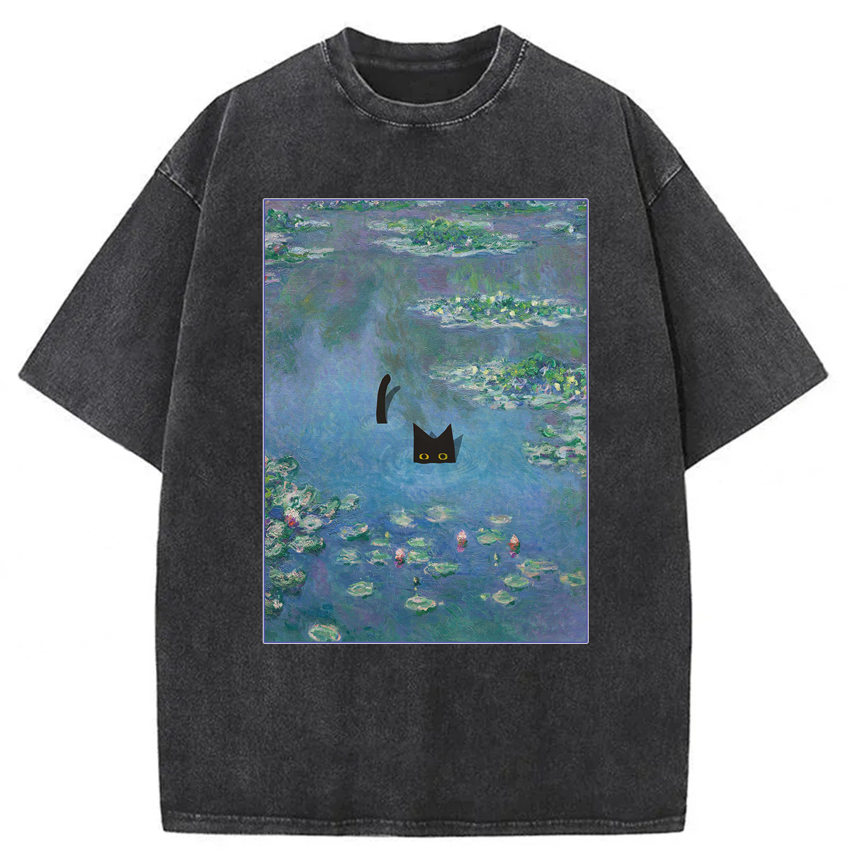 Tokyoviva Japanese Black Cat Swimming Washed T-shirt