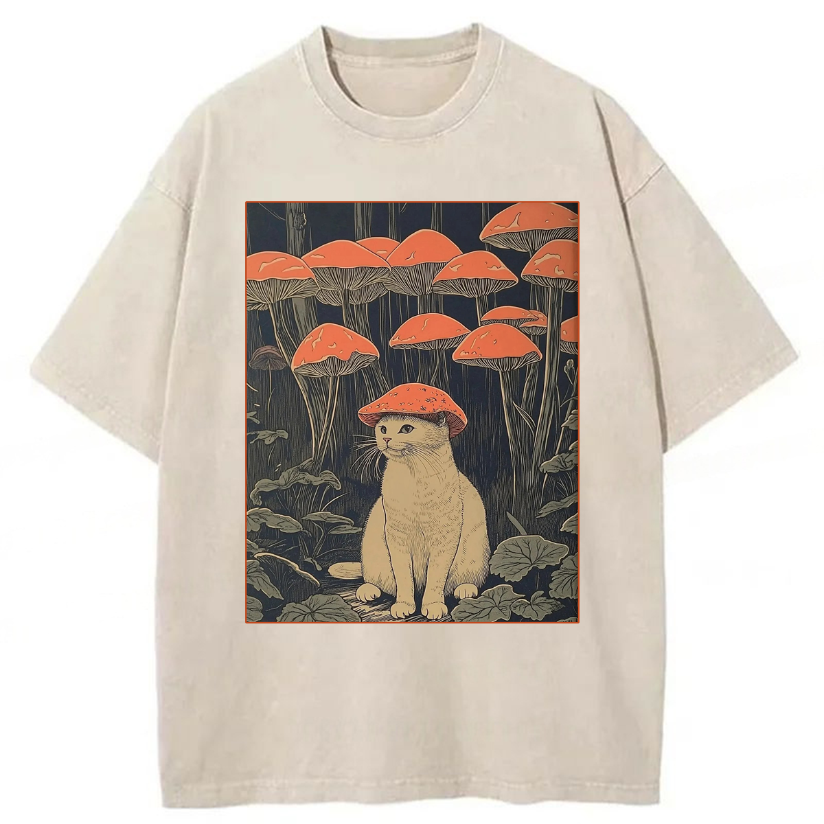 Tokyoviva Cat With Mushroom Hat Washed T-shirt