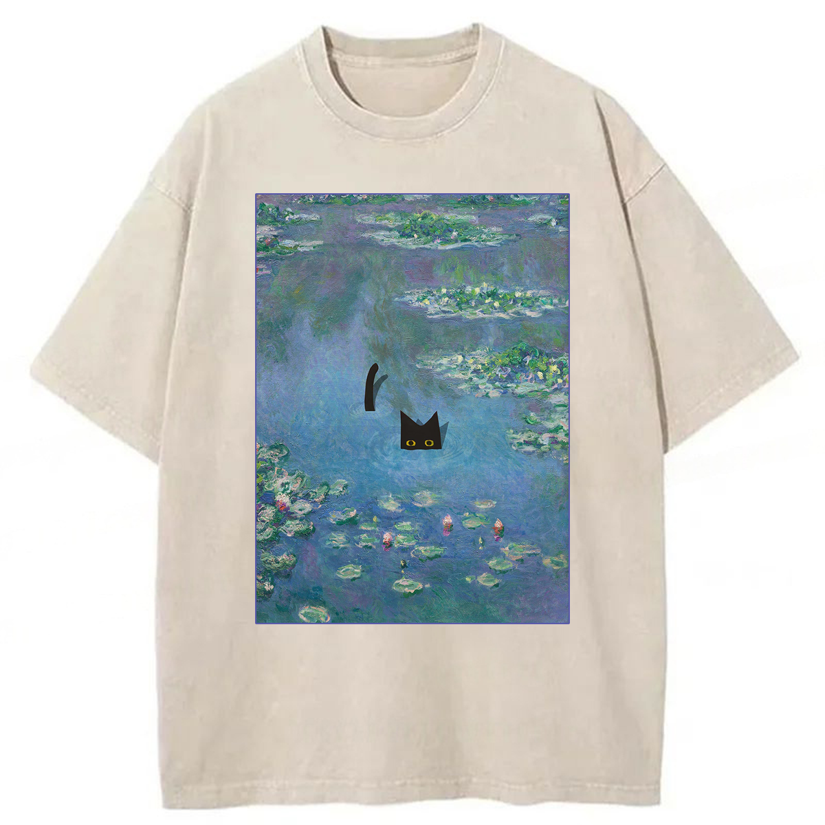 Tokyoviva Japanese Black Cat Swimming Washed T-shirt