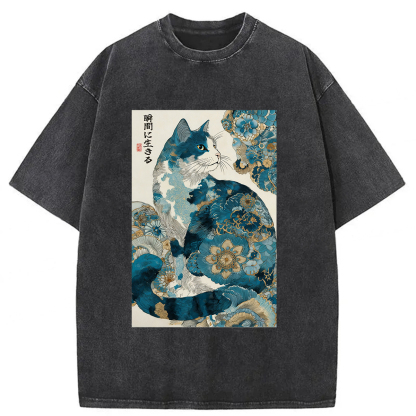 Tokyoviva Retro Zen Cat Living The Present Washed T-shirt