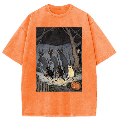 Black Cat Ghost Halloween Washed T-Shirt
