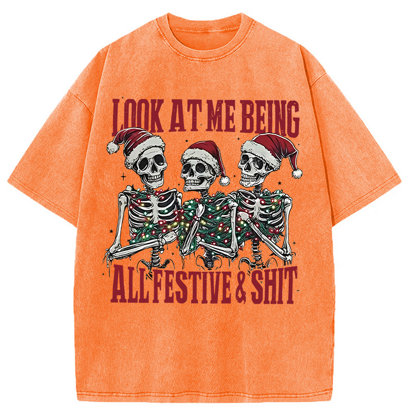 Funny Christmas Skull Washed T-Shirt