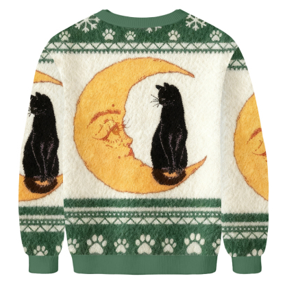 Baddiecat Cat And Moon Christmas Ugly Sweatshirt