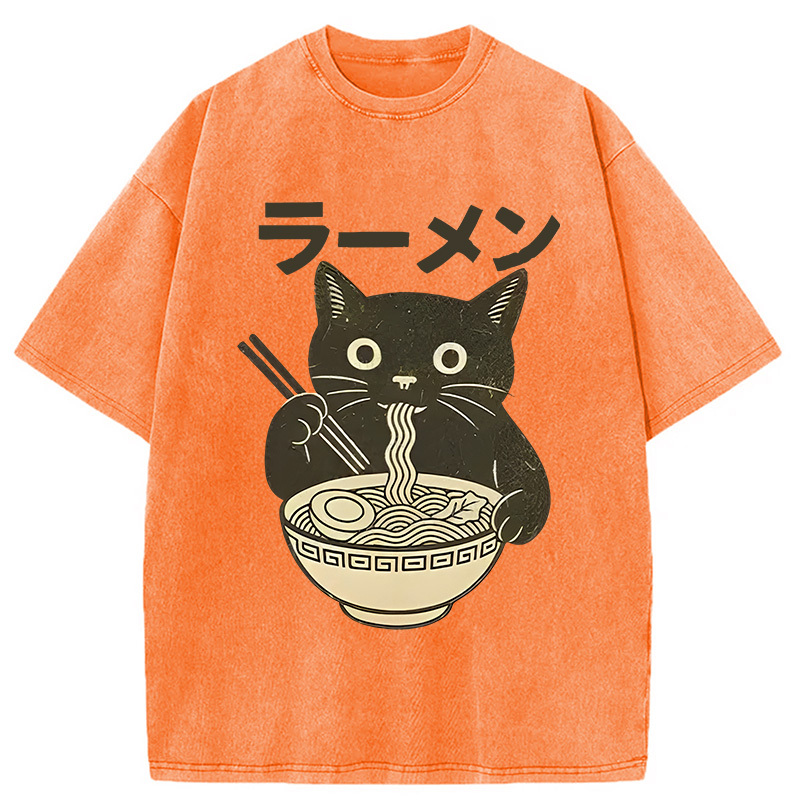 Simple Black Cat Eating Ramen Washed T-Shirt