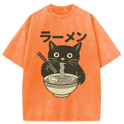 Simple Black Cat Eating Ramen Washed T-Shirt