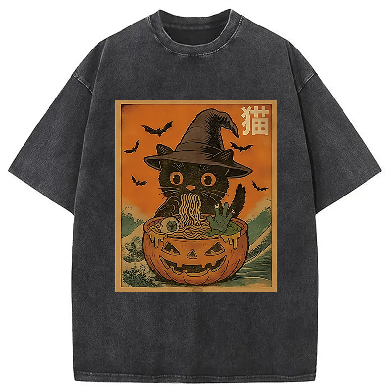 Halloween Cat Eating Ramen Washed T-Shirt