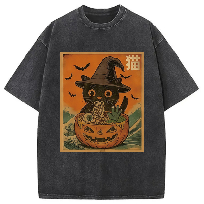 Halloween Cat Eating Ramen Washed T-Shirt
