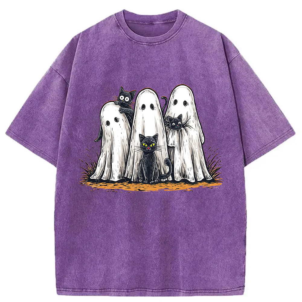 Black Cat Ghost Halloween Washed T-Shirt