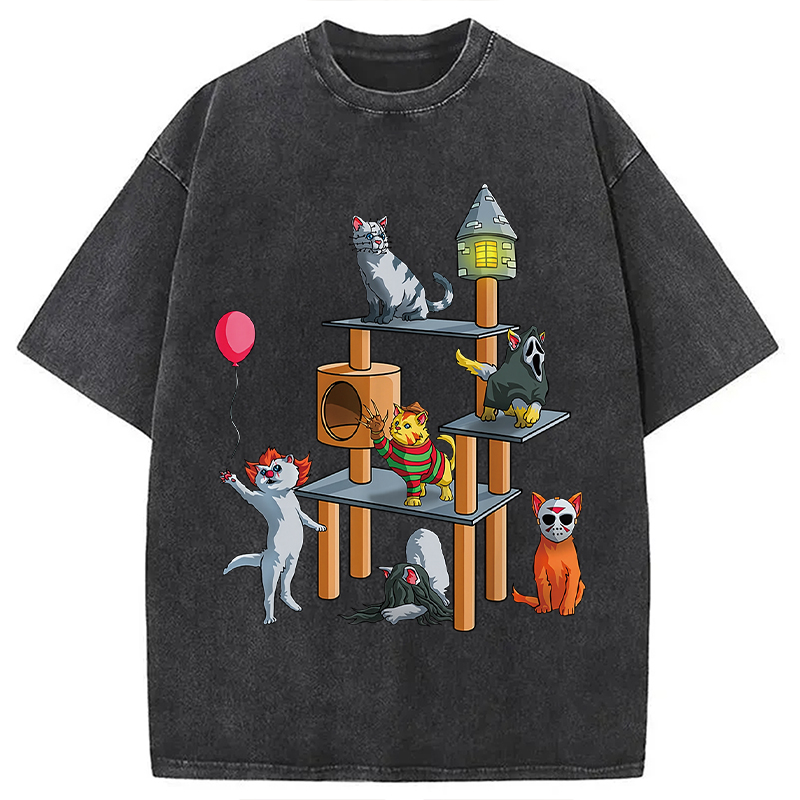 Funny Cat Horror Movies Cute Halloween Washed T-Shirt