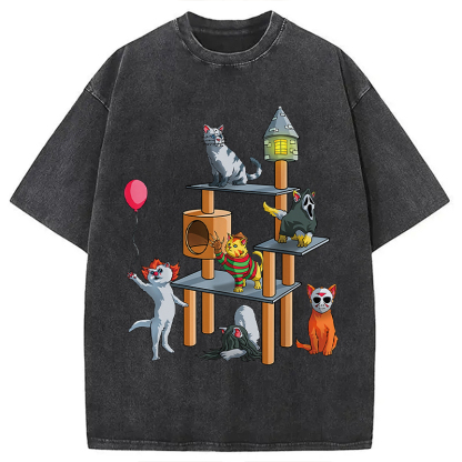 Funny Cat Horror Movies Cute Halloween Washed T-Shirt