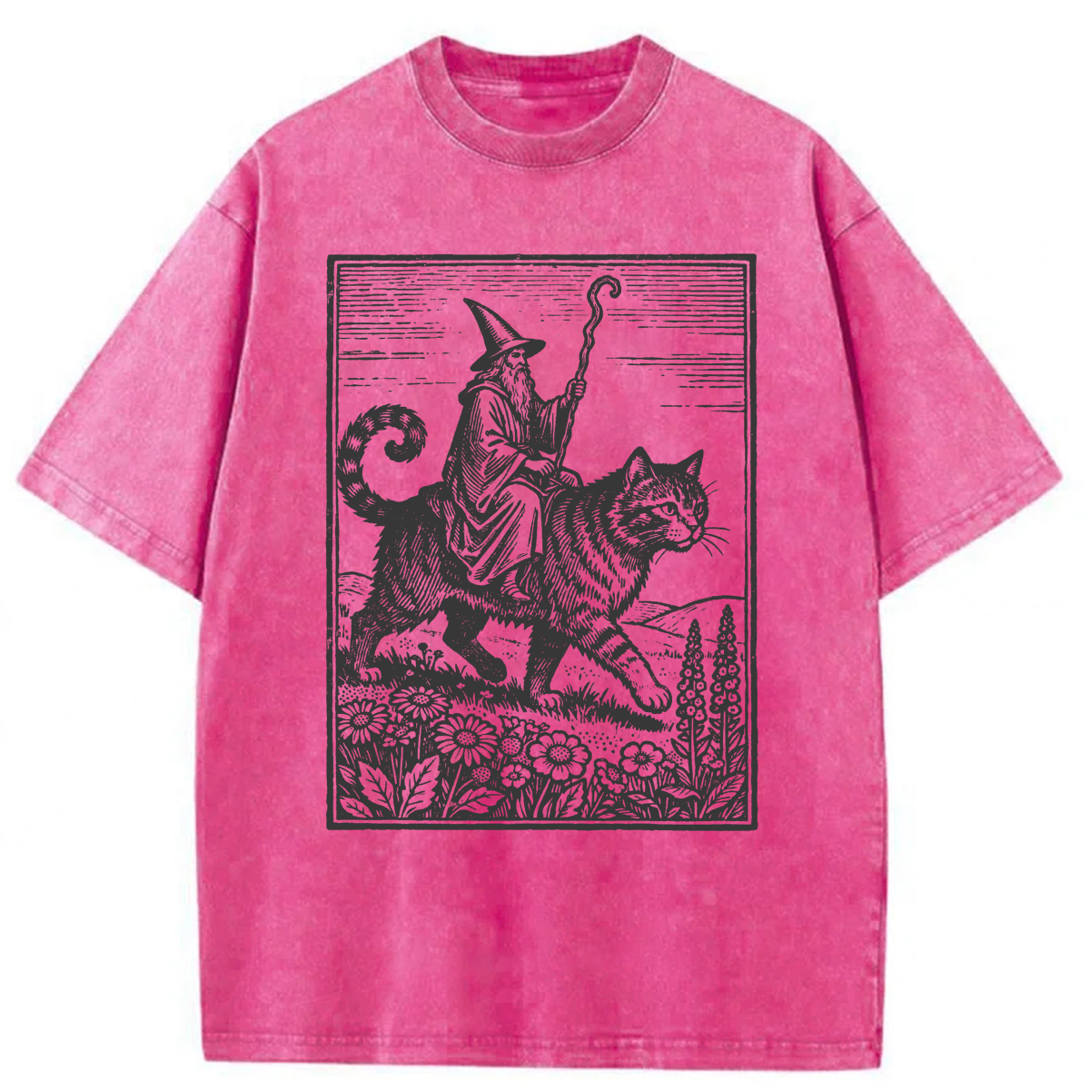 Tokyoviva Funny Wizard Cat Rider Washed T-shirt