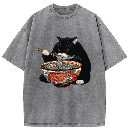 Fat Cat Eating Ramen Washed T-Shirt
