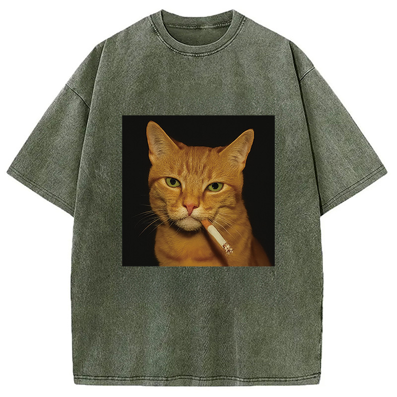 Funny Orange Cat Smoking Meme Washed T-Shirt