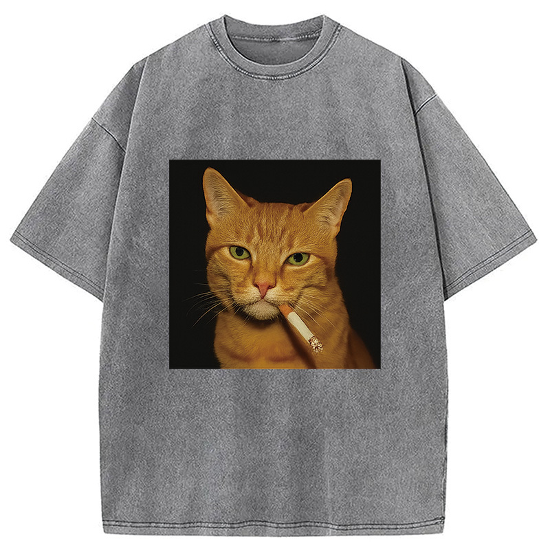 Funny Orange Cat Smoking Meme Washed T-Shirt