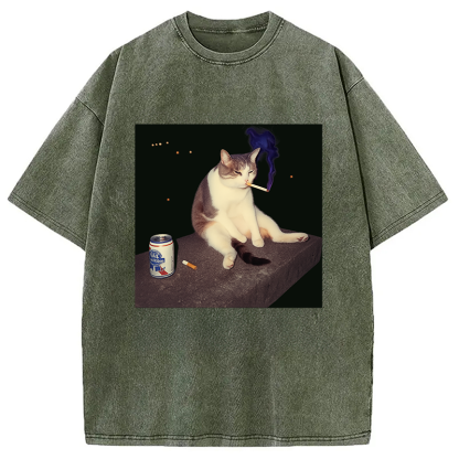 Cigarette Kitten Funny Smoking Cat Meme Washed T-Shirt