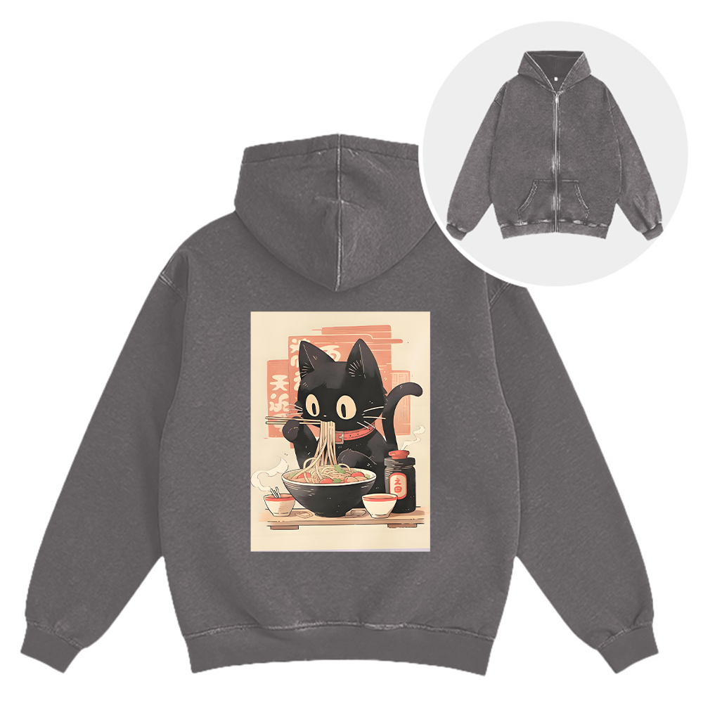 Ramen Black Cat Washed Zip Hoodie