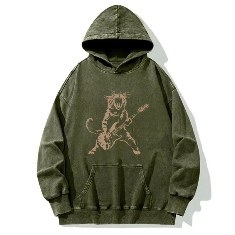 Rock Cat Playing Guitar Washed Hoodie