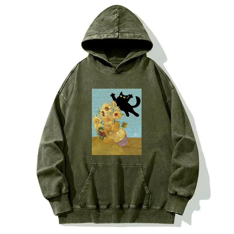 Cat Pushing Flowers Washed Hoodie