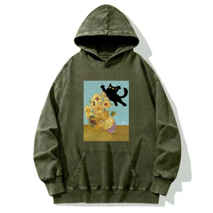 Cat Pushing Flowers Washed Hoodie