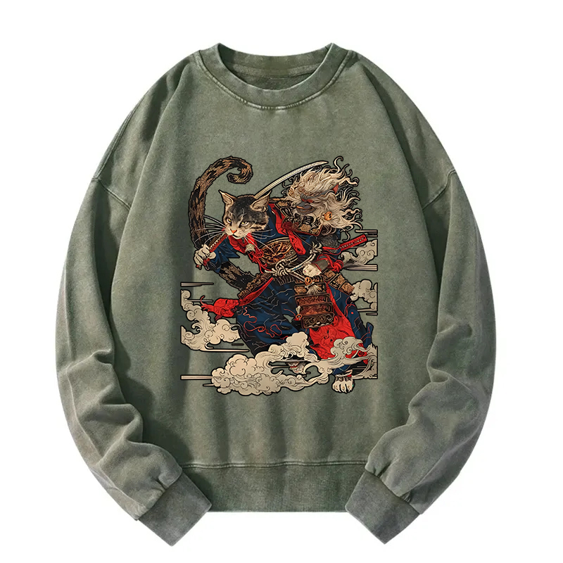 Samurai Cat In The Cloud Washed Sweatshirt