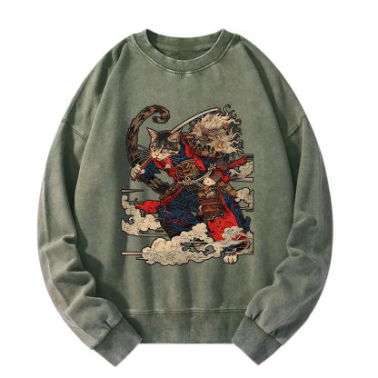 Samurai Cat In The Cloud Washed Sweatshirt