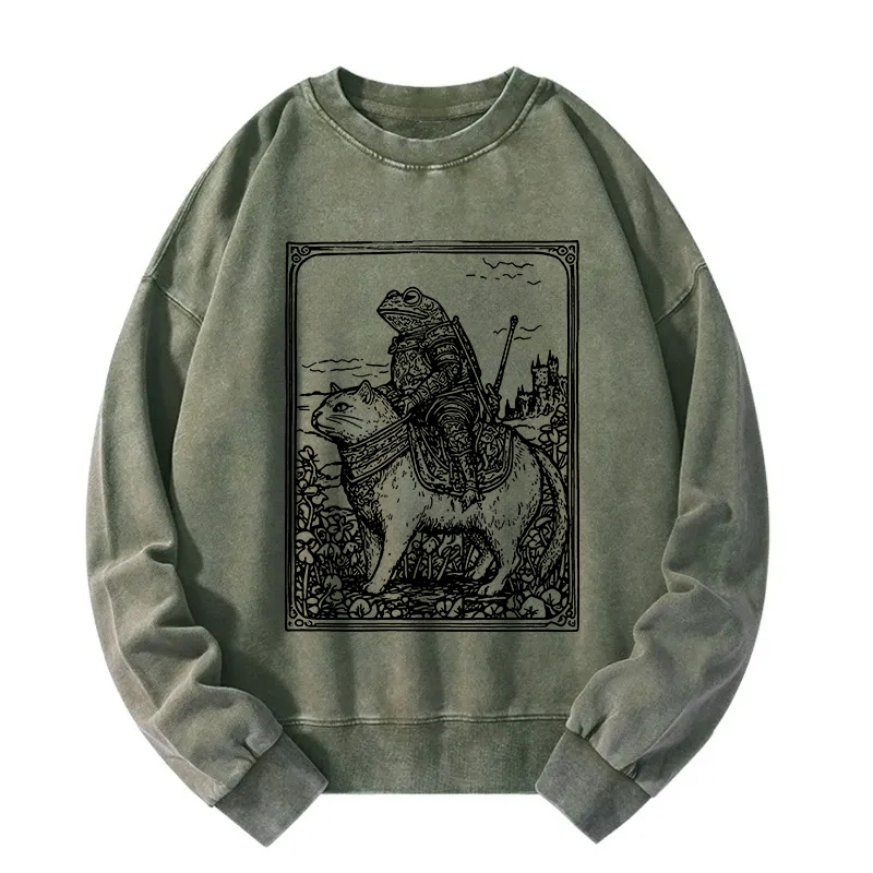Frog Knight Riding A Cat Washed Sweatshirt