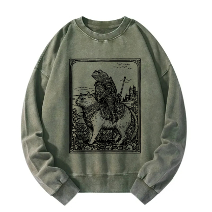 Frog Knight Riding A Cat Washed Sweatshirt
