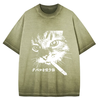 Retro Cat Smoking Gradient Washed T-Shirt