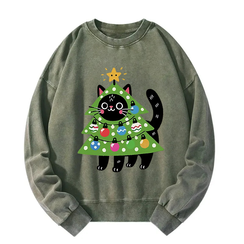 Christmas Tree Cat Washed Sweatshirt