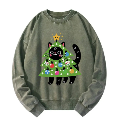 Christmas Tree Cat Washed Sweatshirt