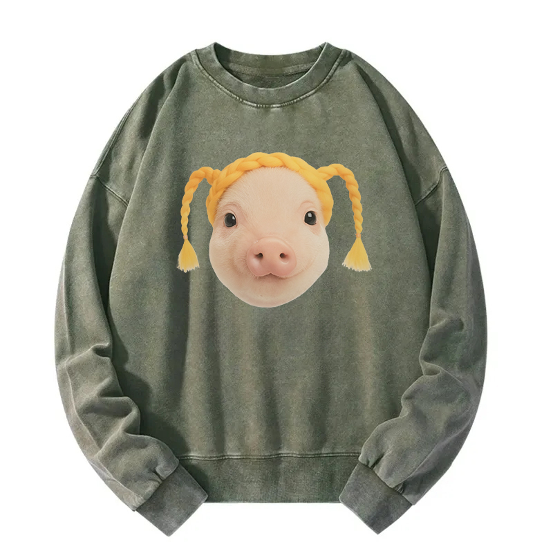 Cute Blonde Hair Pig Meme Washed Sweatshirt