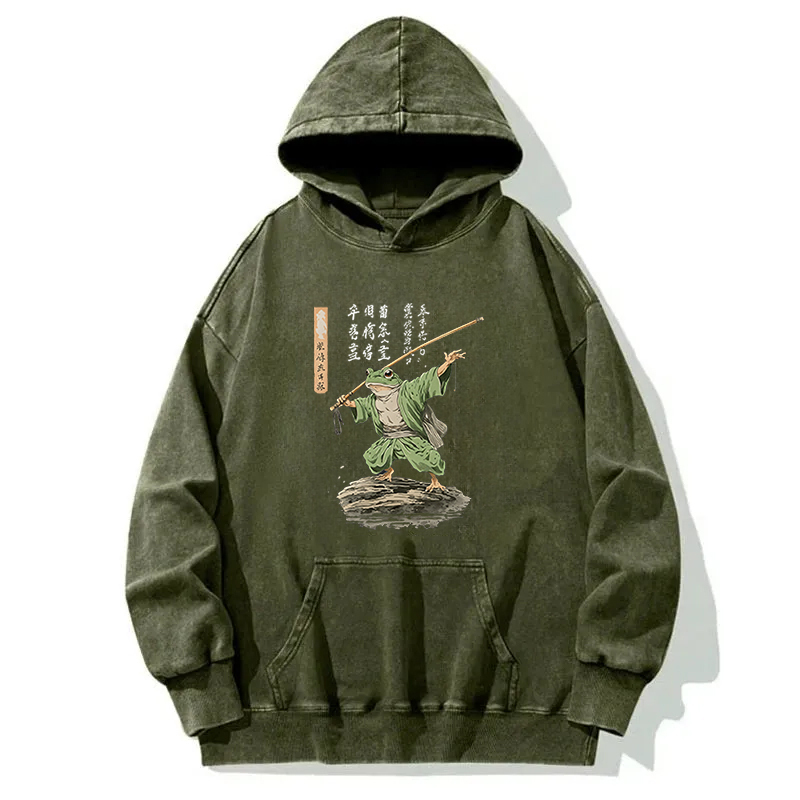 Frog Samurai Japanese Art Vintage Washed Hoodie