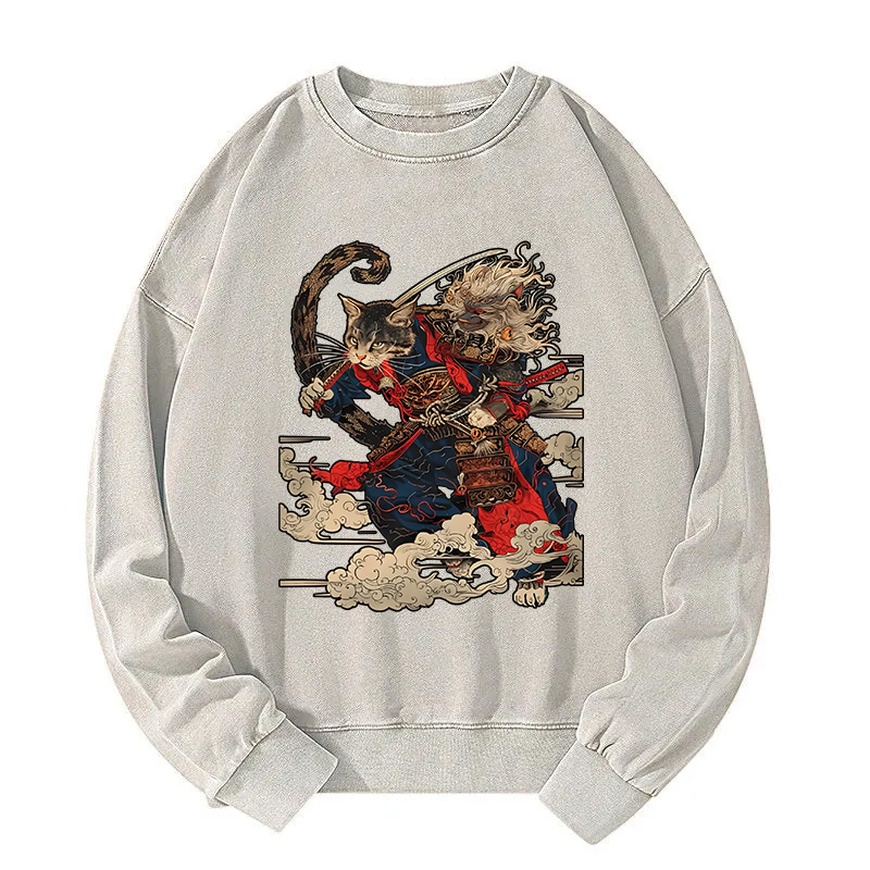 Samurai Cat In The Cloud Washed Sweatshirt
