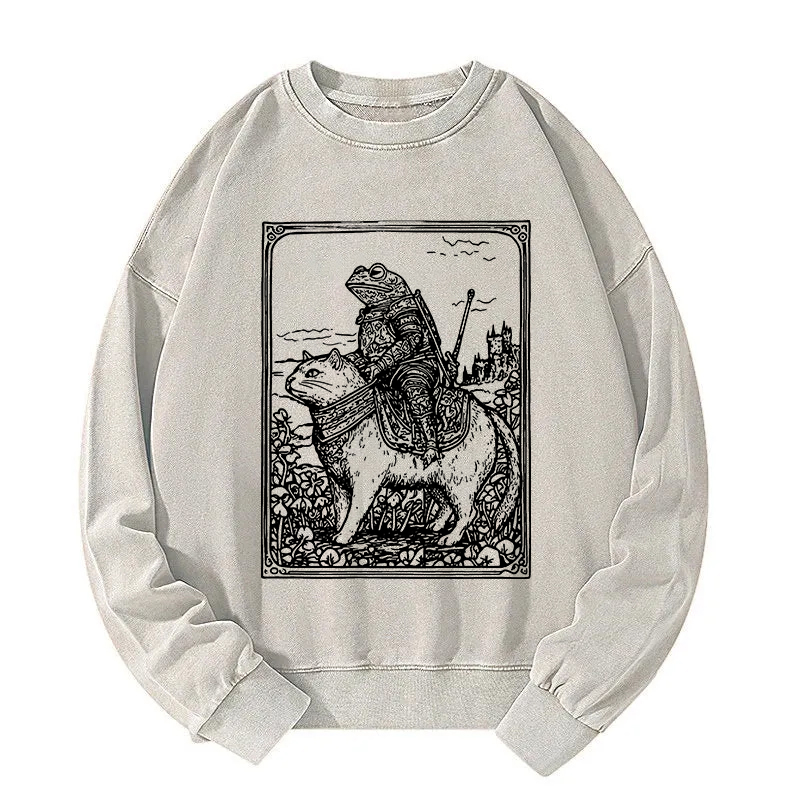 Frog Knight Riding A Cat Washed Sweatshirt