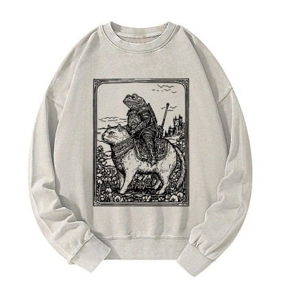 Frog Knight Riding A Cat Washed Sweatshirt