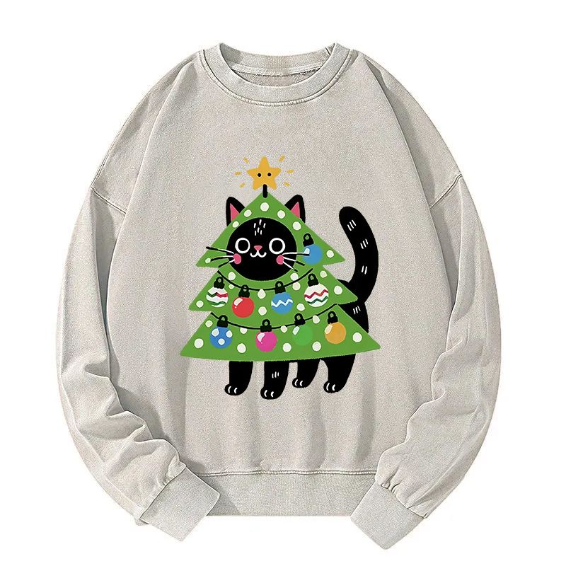 Christmas Tree Cat Washed Sweatshirt