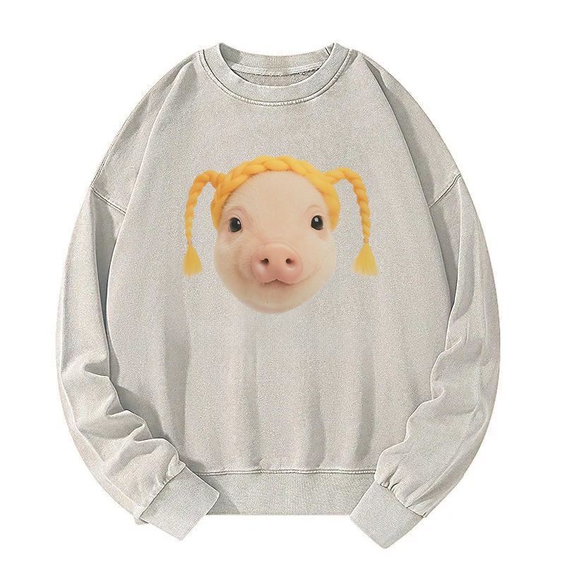 Cute Blonde Hair Pig Meme Washed Sweatshirt