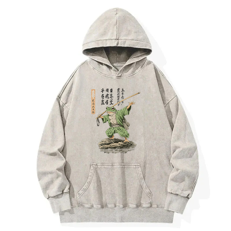 Frog Samurai Japanese Art Vintage Washed Hoodie