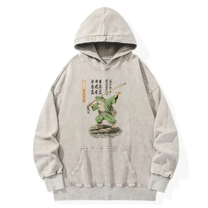 Frog Samurai Japanese Art Vintage Washed Hoodie