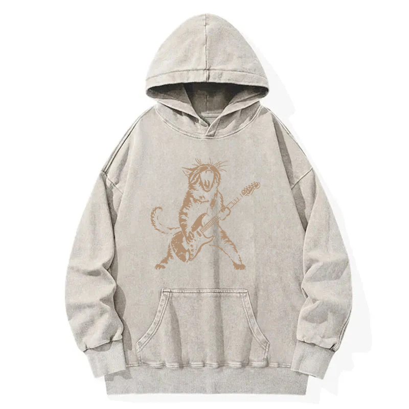 Rock Cat Playing Guitar Washed Hoodie