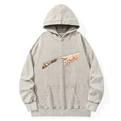 Cat God Creation Of Adam Meme Washed Hoodie