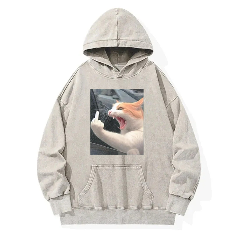 Funny Middle Finger Cat Meme Washed Hoodie