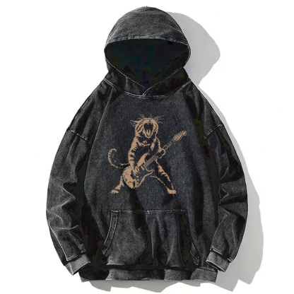 Rock Cat Playing Guitar Washed Hoodie