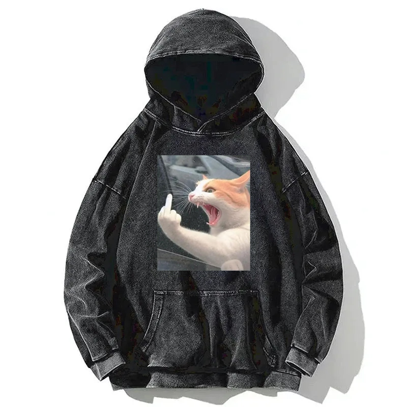 Funny Middle Finger Cat Meme Washed Hoodie