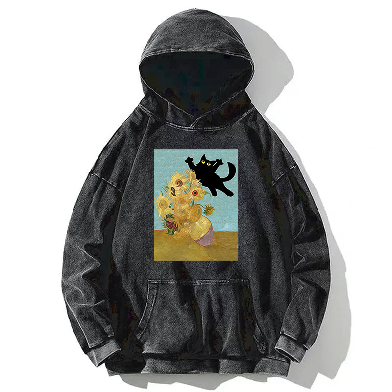 Cat Pushing Flowers Washed Hoodie