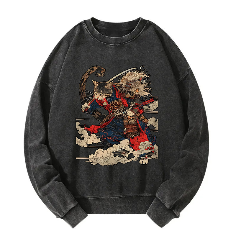 Samurai Cat In The Cloud Washed Sweatshirt