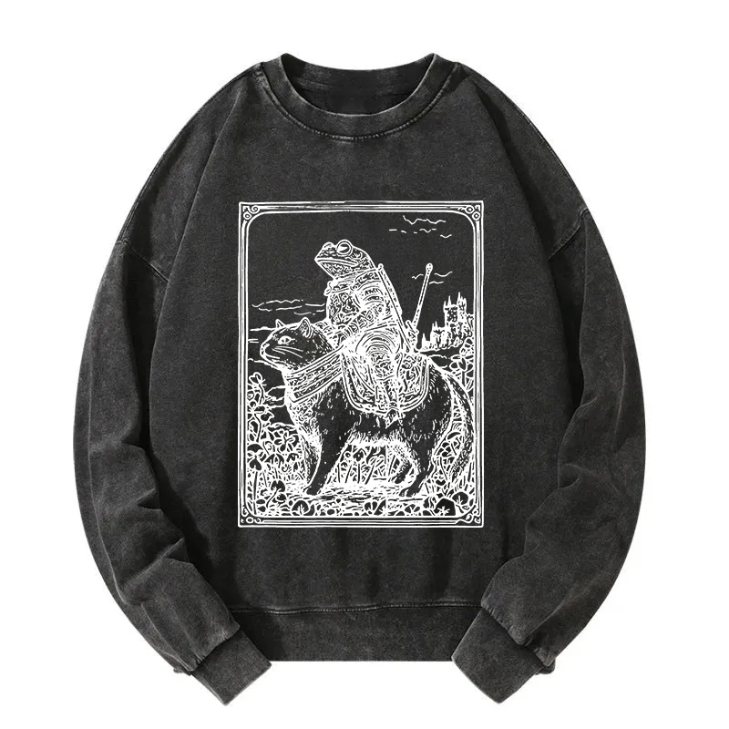 Frog Knight Riding A Cat Washed Sweatshirt