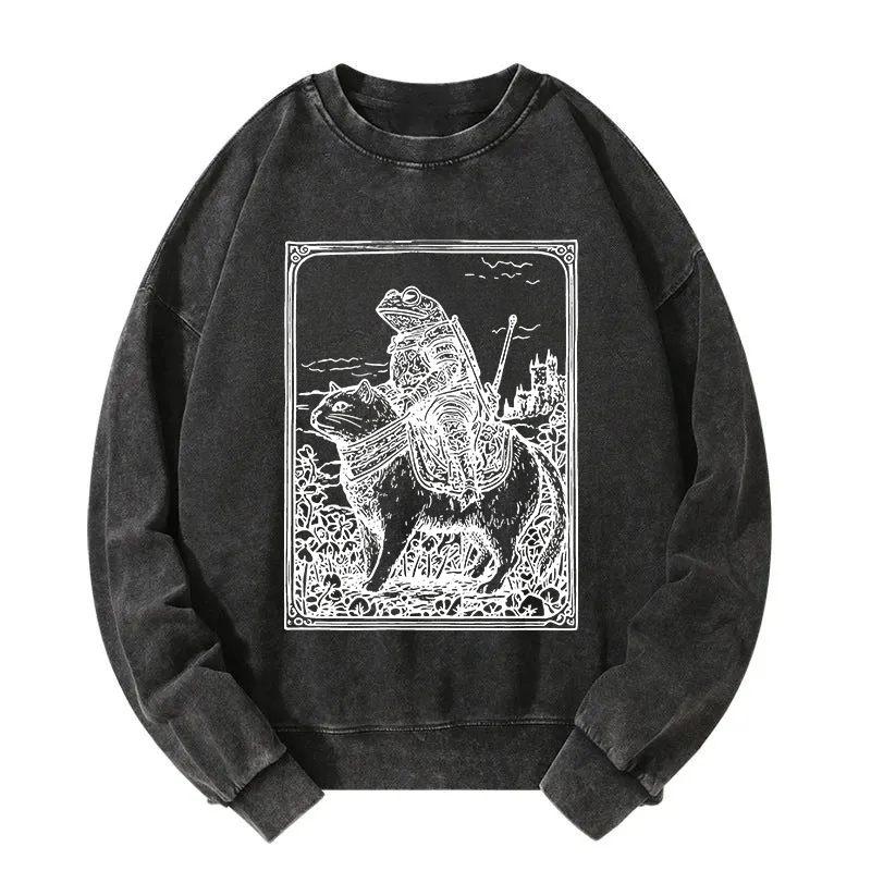 Frog Knight Riding A Cat Washed Sweatshirt