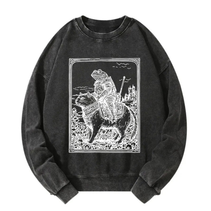 Frog Knight Riding A Cat Washed Sweatshirt